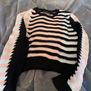 Black, Pink & White Striped Crewneck Sweater